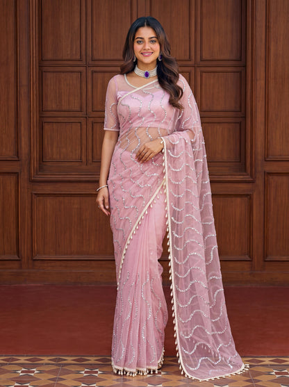 Designer handwork net saree with pearl tassles