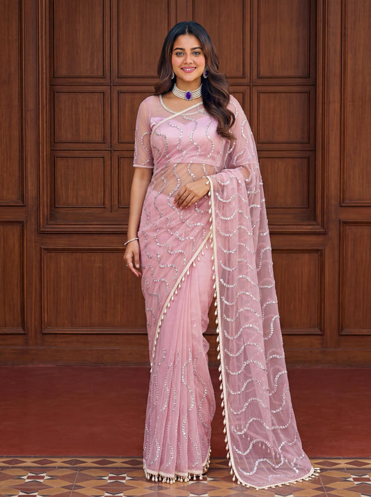 Designer handwork net saree with pearl tassles