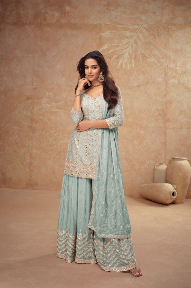 Gulkayra Designer Elegant Real Chinon Plazo set with mirror work