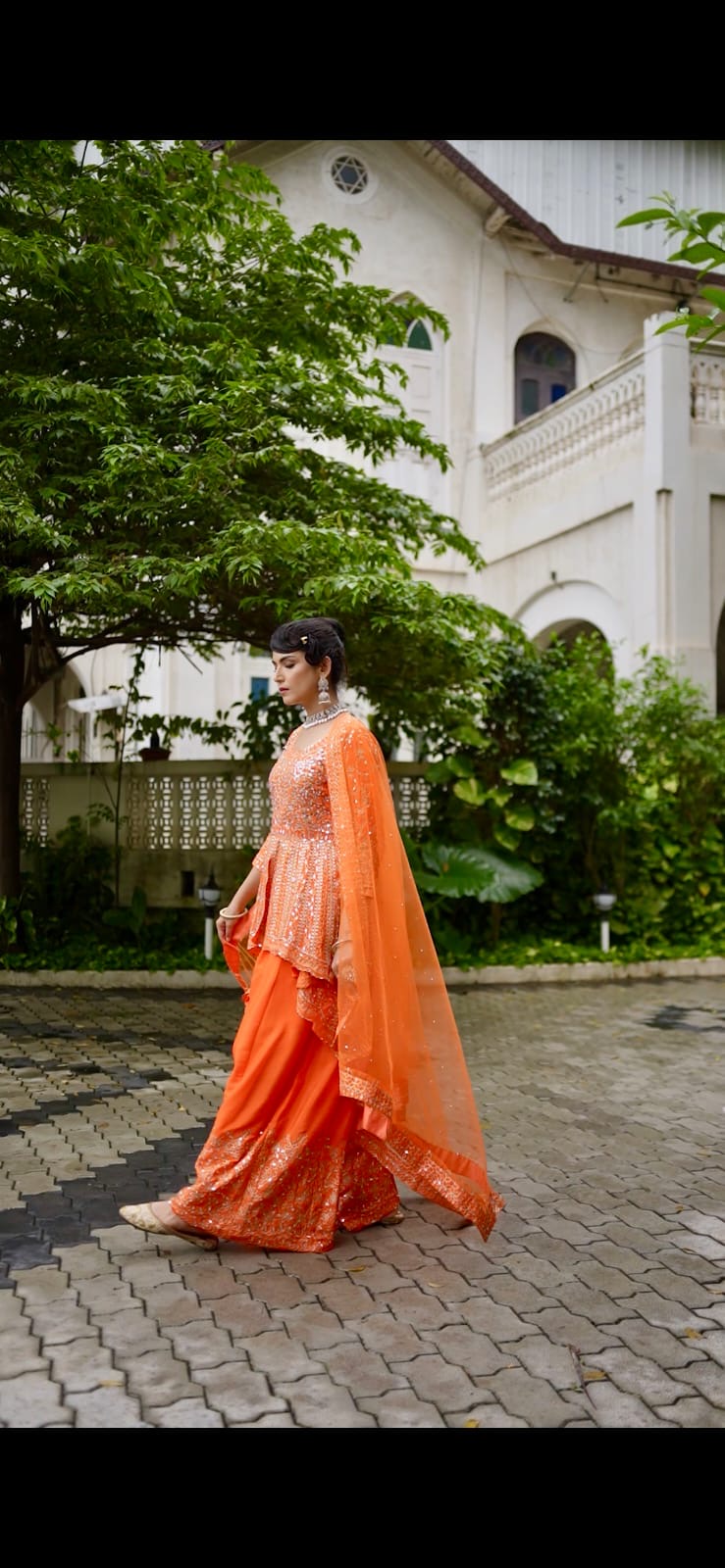 Chinon Sharara Set with Real Mirror Embroidery & Net Dupatta
