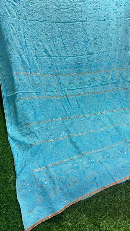 Sky Blue Lucknowi Chikankari Fabric Saree with Mukaish work