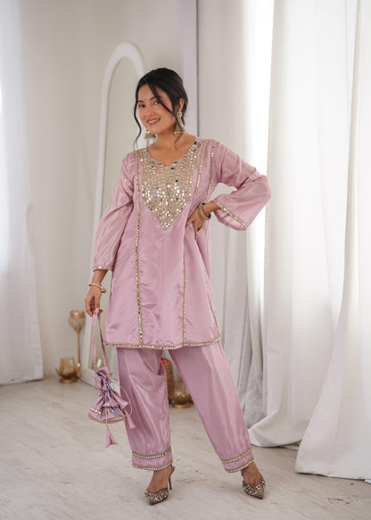 Premium Mirror Work Kurti Pant Set with Bell Sleeves & Batwa
