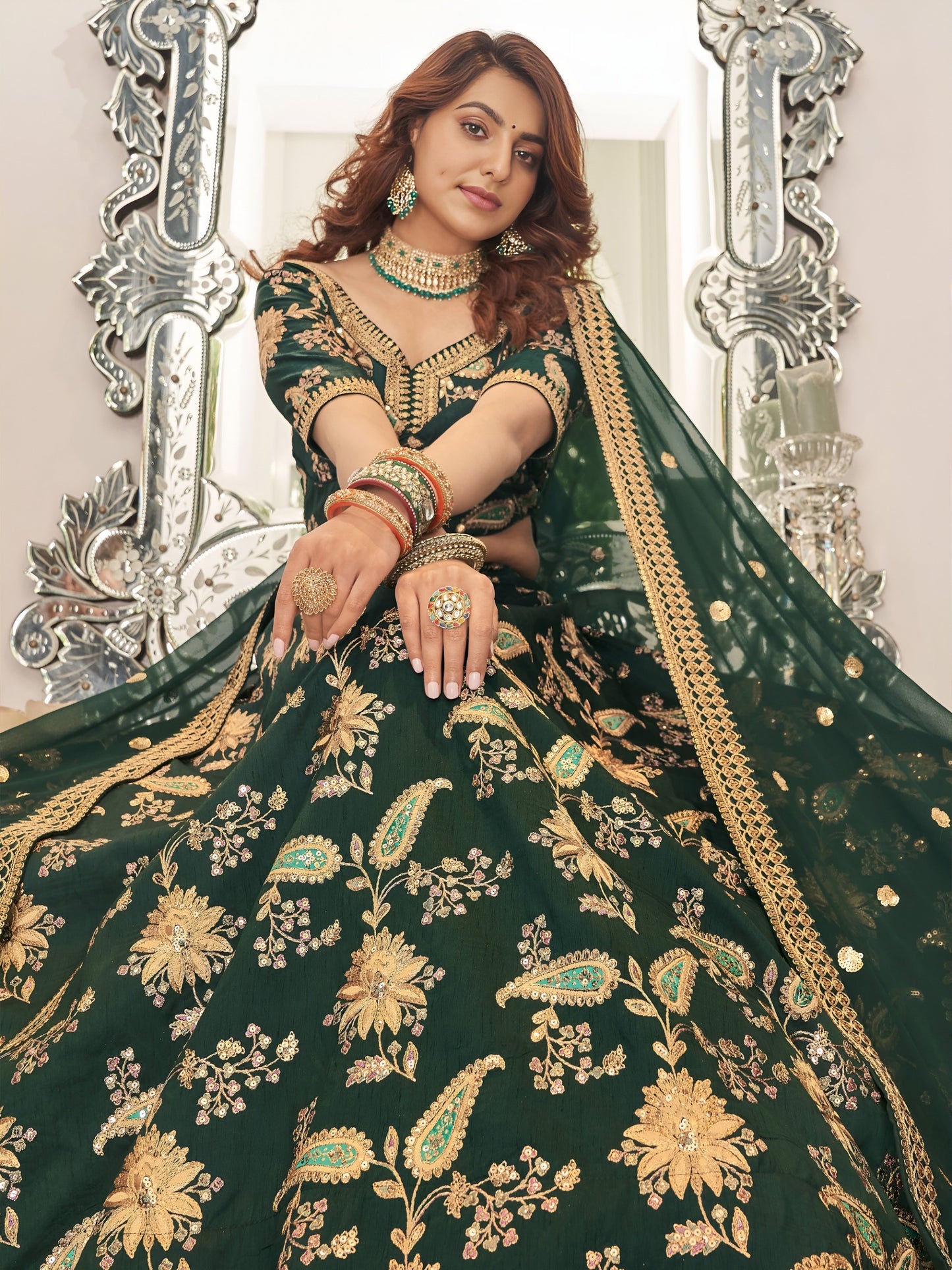 Bottle Green Designer Lehenga Choli with rich golden embroidery