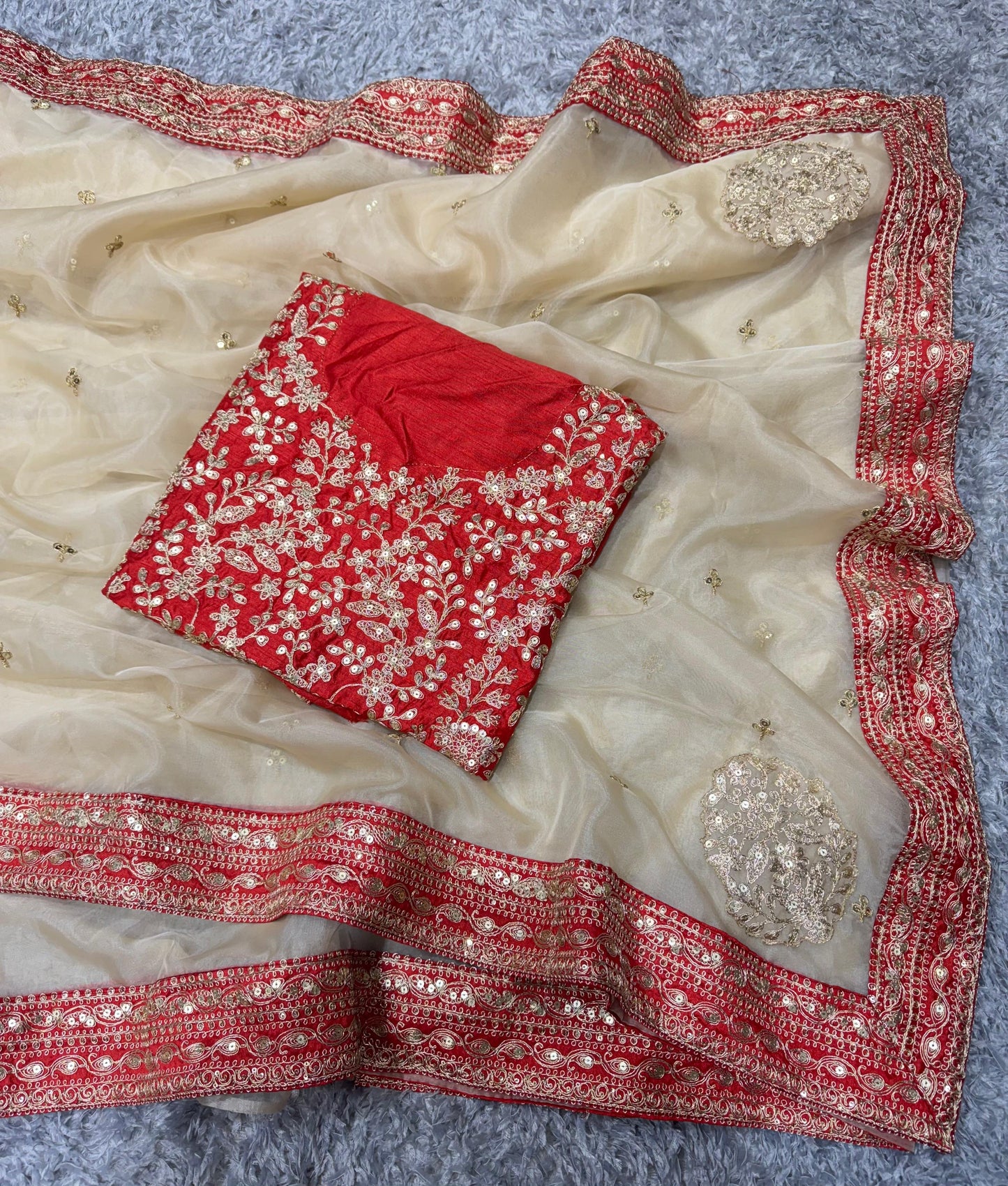 Peach Sheer Organza Saree with Embroidered Red Scallop Border