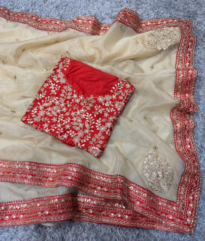 Peach Sheer Organza Saree with Embroidered Red Scallop Border