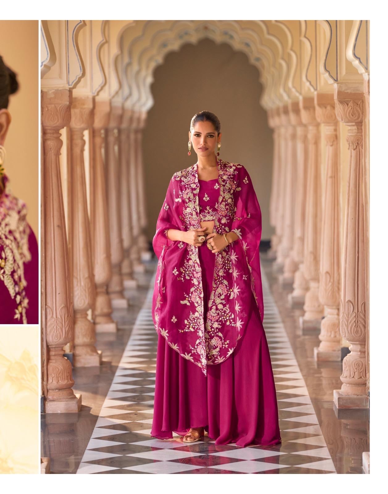 STYLIST LOOK FRONT AND BACK HEAVY EMBROIDERED SHRUG WITH BLOUSE AND PLAZZO