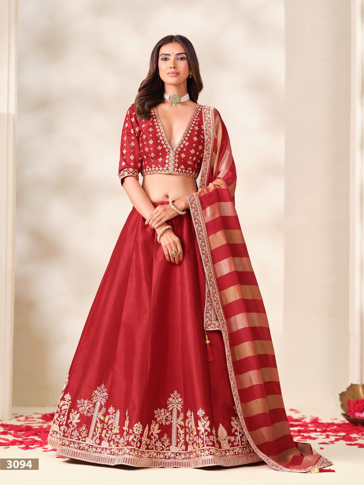 Embroidered Art Silk Lehenga Set with Gold-Striped Dupatta