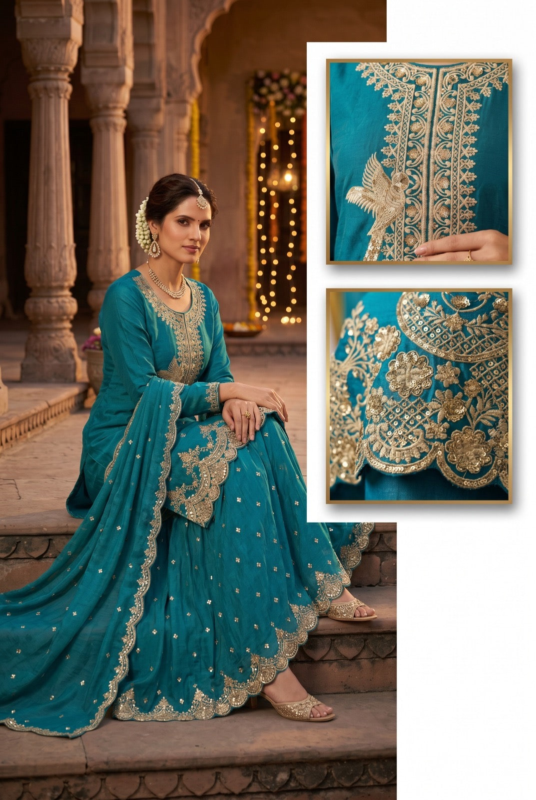 Festive Tora Silk Plazo Set with Embroidery work
