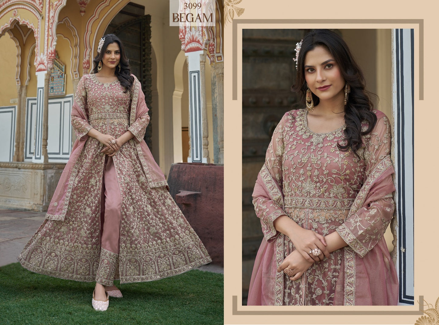 Embroidered Jacket-Style Anarkali Gown with Matching Lehenga & Net Dupatta