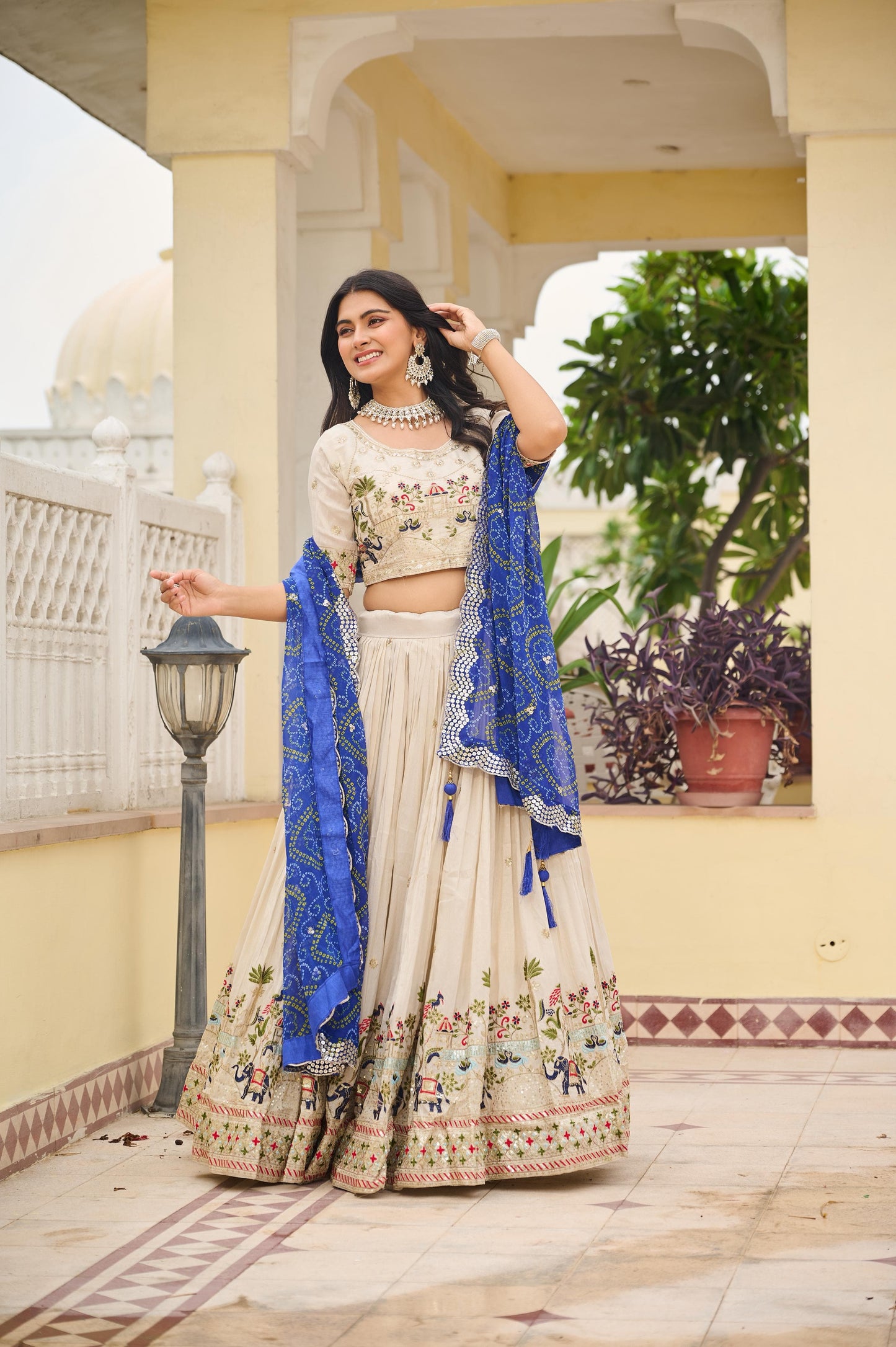 Ivory Elephant Motif Embroidered Lehenga Set with Bandhani Dupatta