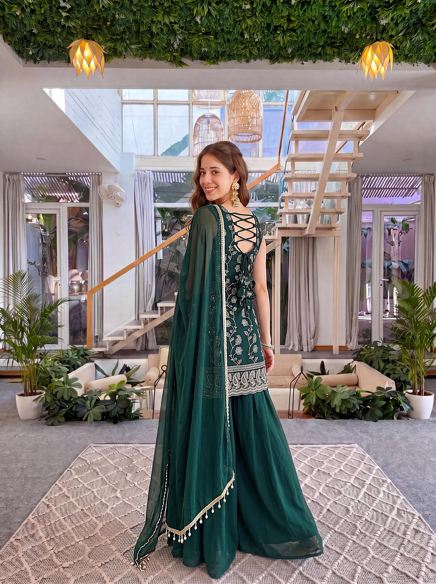 Exquisite Georgette Sharara Suit with Elegant Gold Floral Embroidery