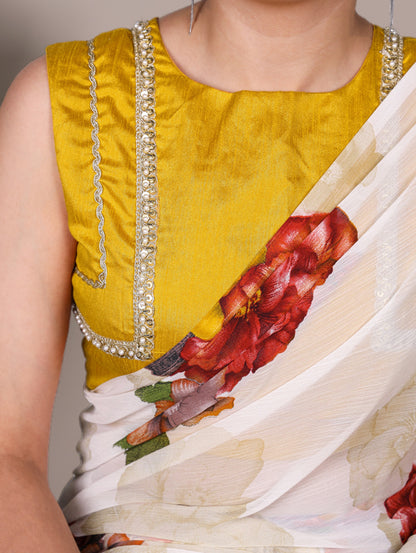 Chiffon Floral Printed Saree with Stitched Banglory Blouse