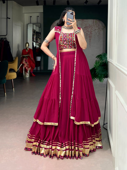 Rani Pink Mirror Work Crop Top Lehenga Set with Layered Jacket