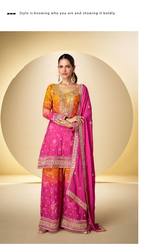 Vibrant three-piece Sharara Set with Gota Patti Embroidery
