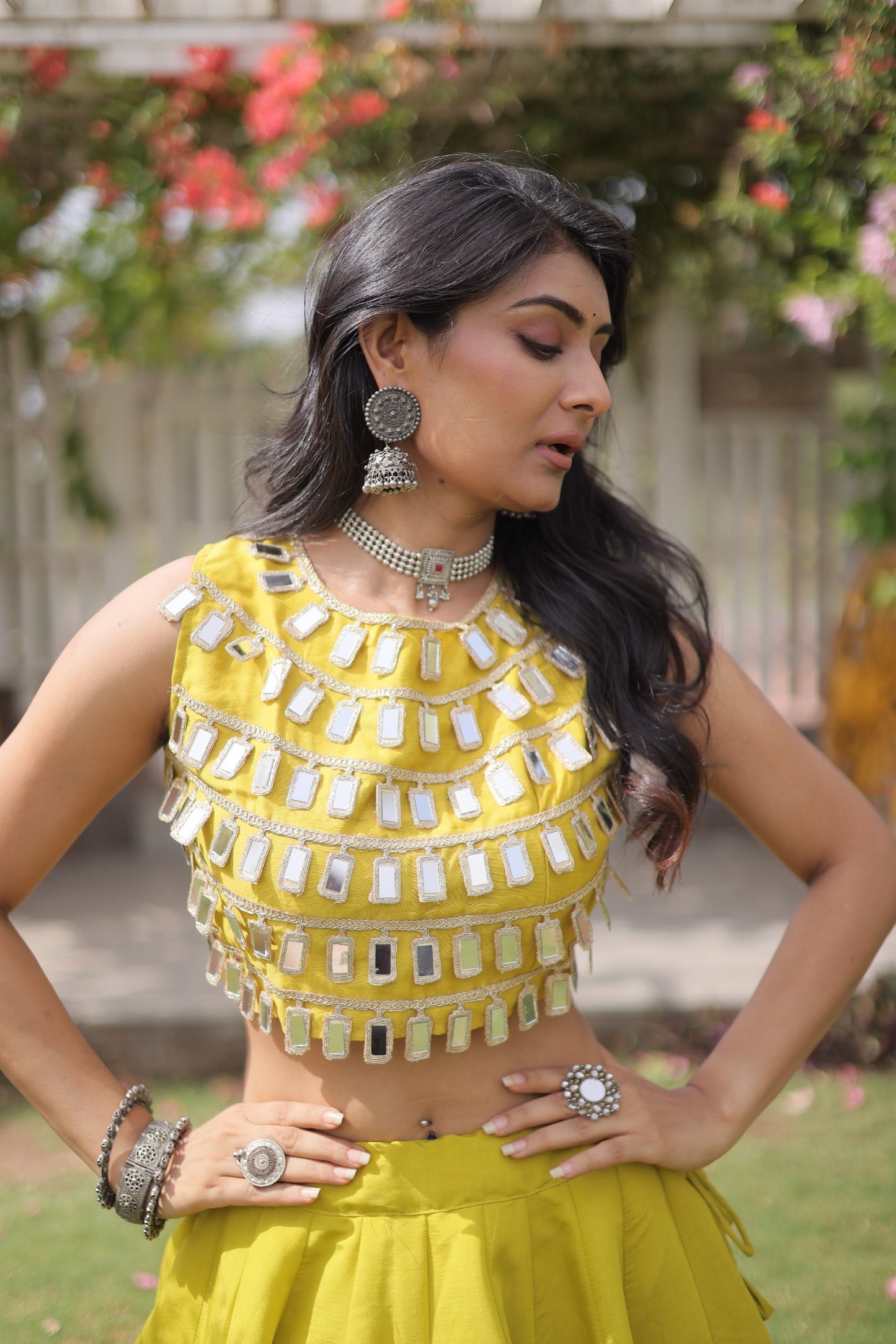 Roman Silk Polka Dot Lehenga Set with Mirror Work Choli
