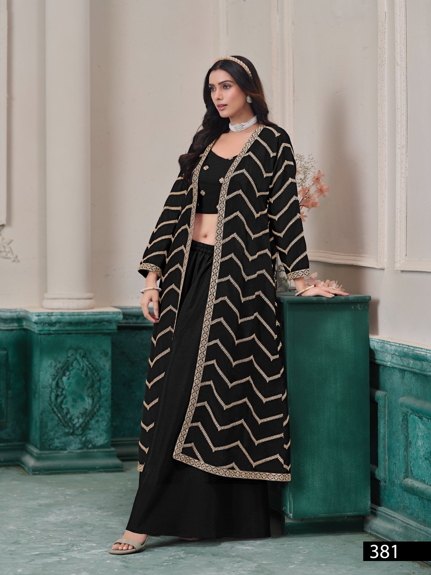 Chevron Zari Work Long Shrug Set with Crop Top and Palazzos