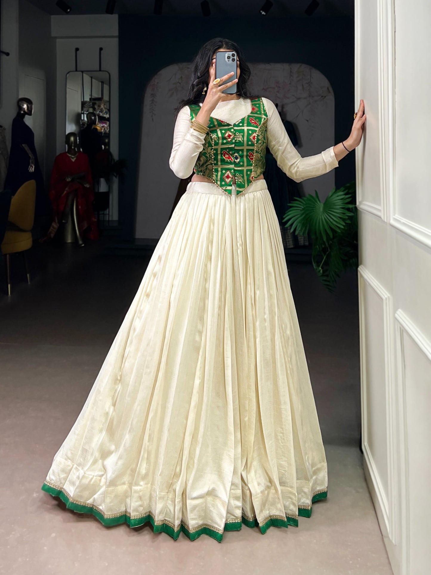 Pleated Lehenga Skirt with Green Jacquard Silk Jacket