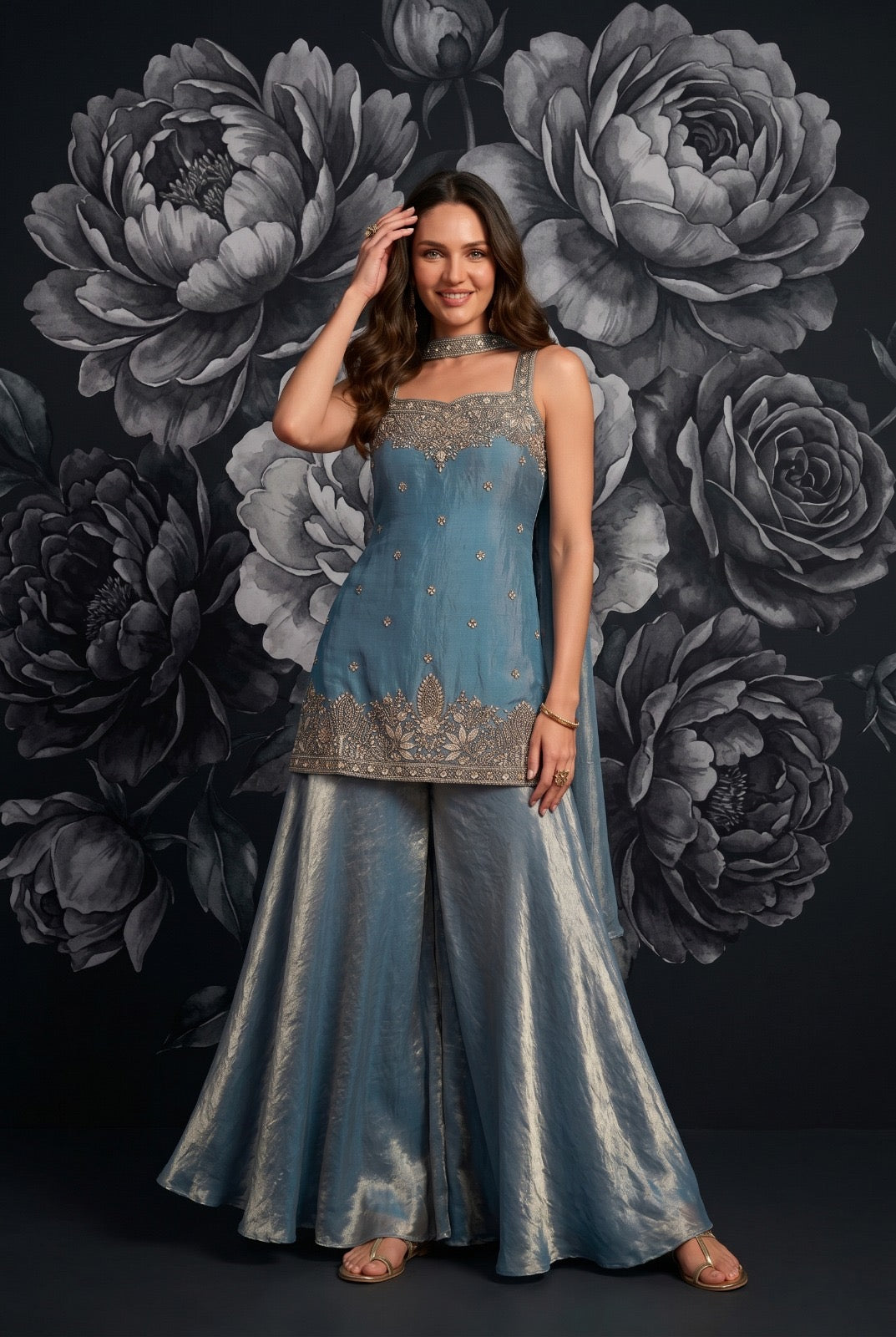 Tora Silk Plazo Kurta Set with Embroidery & Choker Style Cape Dupatta