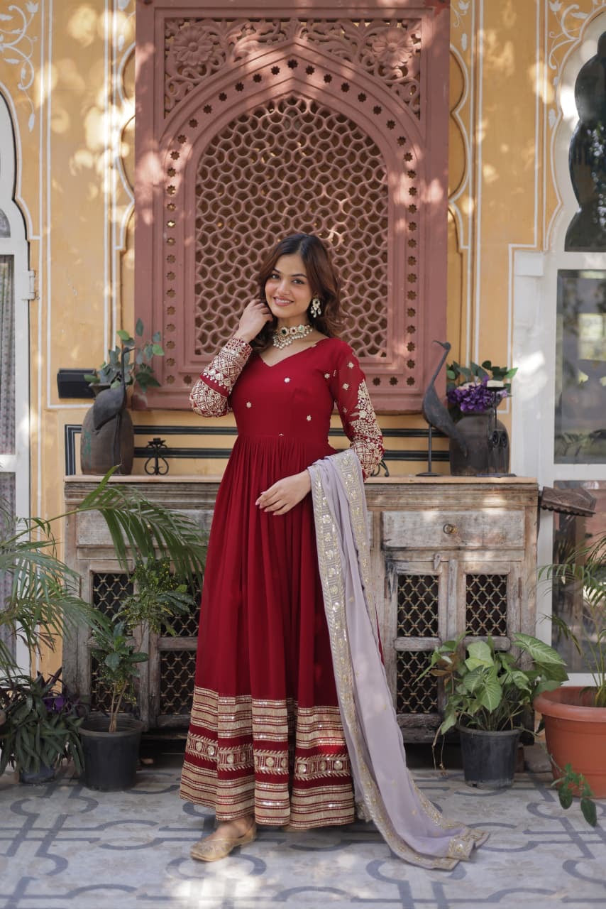 Crimson Red Faux Blooming Anarkali Gown with Zari Sequin Embroidery & Dupatta