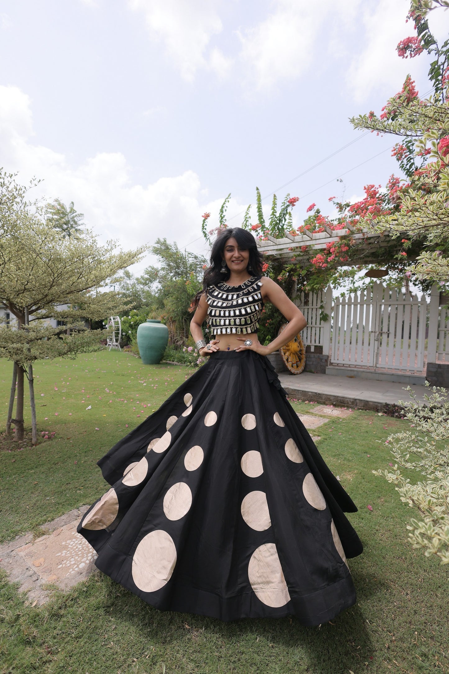 Roman Silk Polka Dot Lehenga Set with Mirror Work Choli
