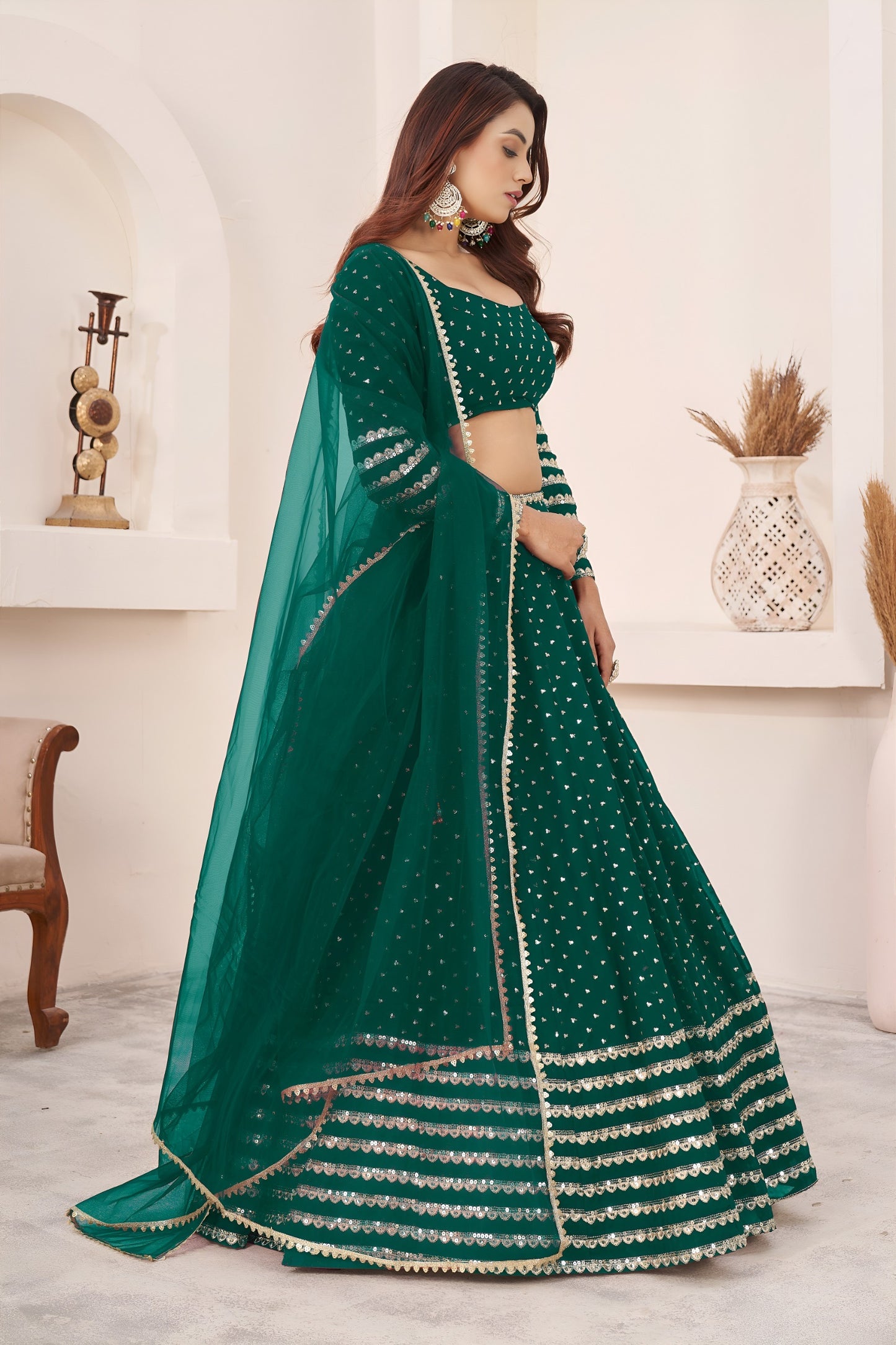 Elegant Teal Green Georgette Lehenga Choli with Zari & Sequin Embroidery