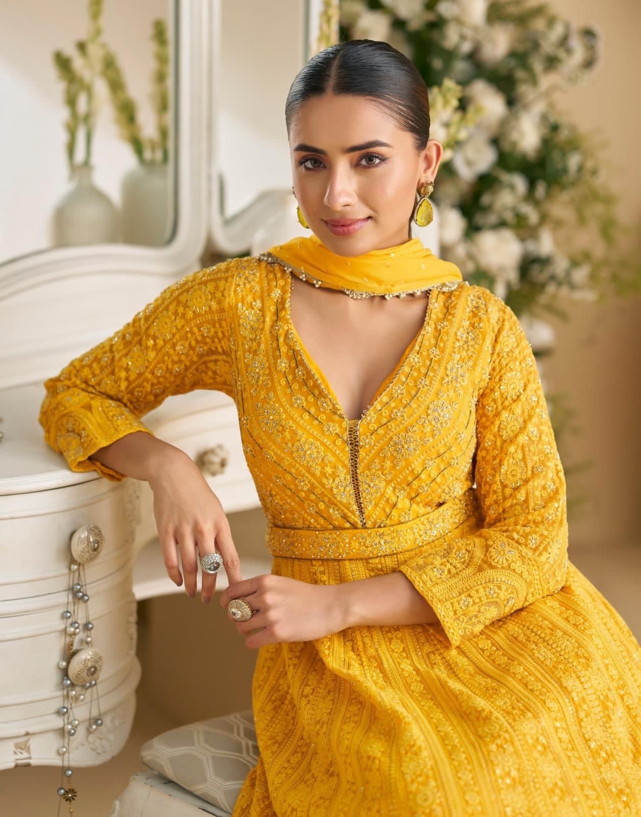 Mustard Yellow Embroidered Georgette Anarkali Gown with Chikankari Work