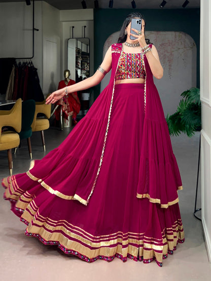 Rani Pink Mirror Work Crop Top Lehenga Set with Layered Jacket