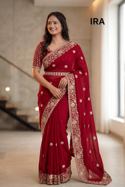 Full Heavy Beads & Sequins Work Embroidery Work Party Wear Saree