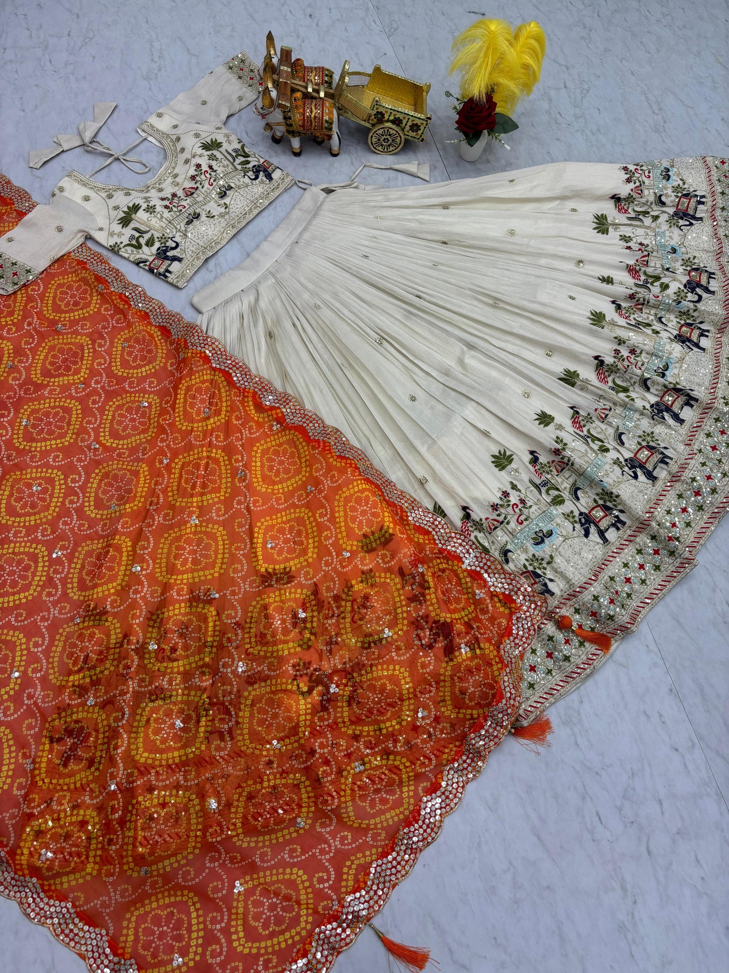 Ivory Elephant Motif Embroidered Lehenga Set with Bandhani Dupatta