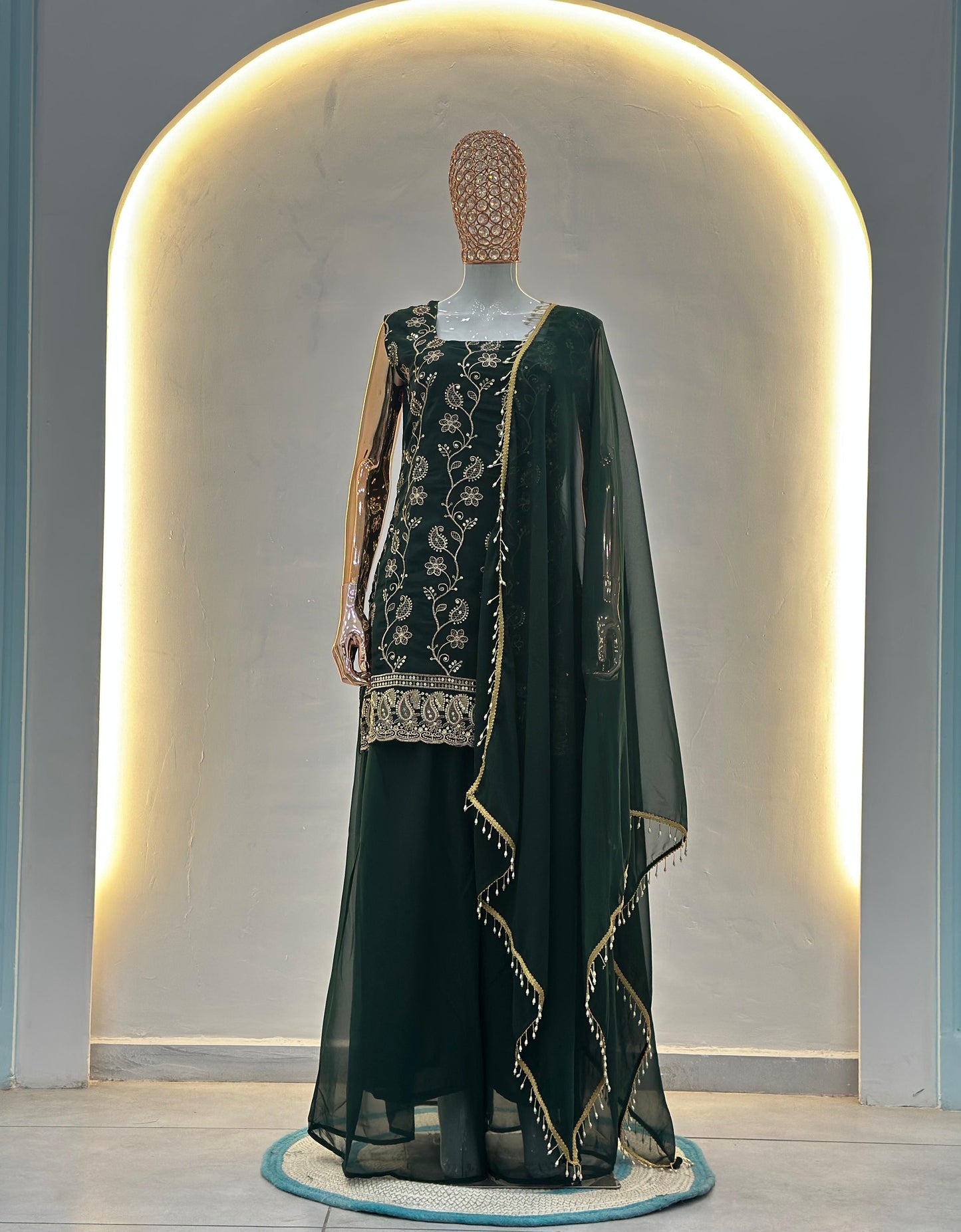 Exquisite Georgette Sharara Suit with Elegant Gold Floral Embroidery
