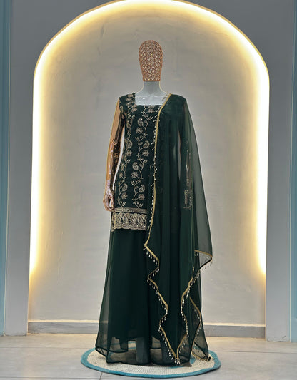 Exquisite Georgette Sharara Suit with Elegant Gold Floral Embroidery