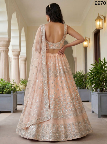 German Zari and Sequin Embroidered Silver Work Peach Lehenga Choli with Beautiful Flair