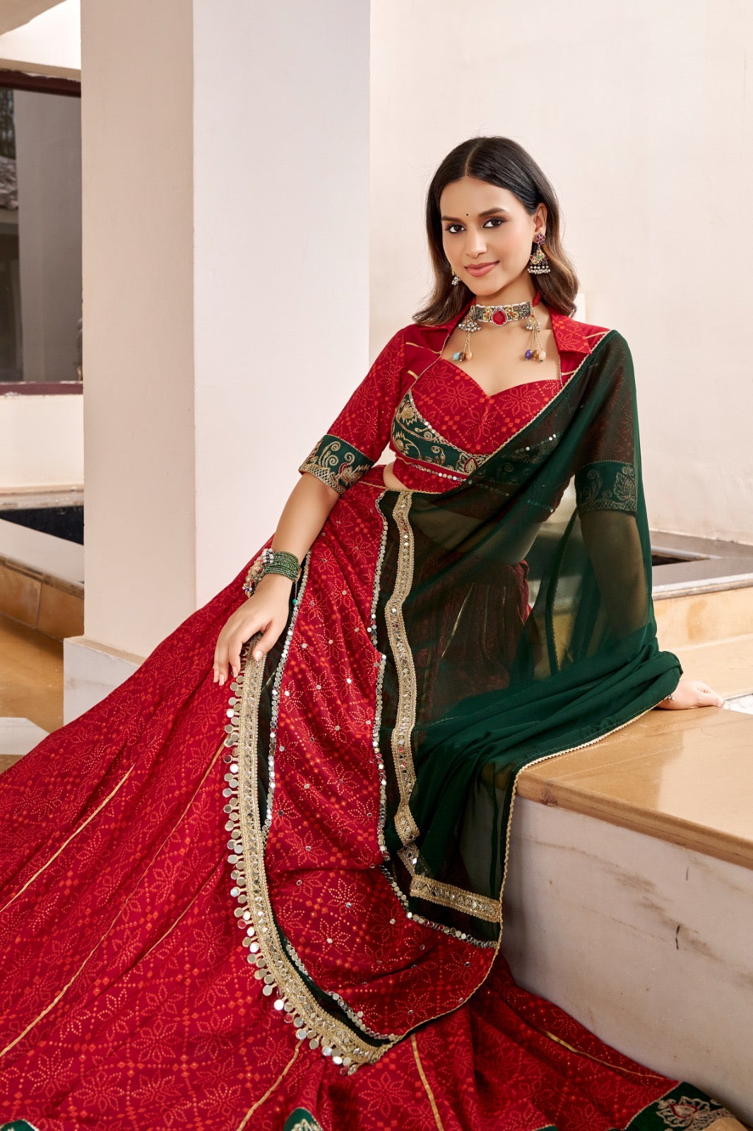 Crimson Red & Emerald Green Bandhani Print Navratri Special Designer Lehenga Choli