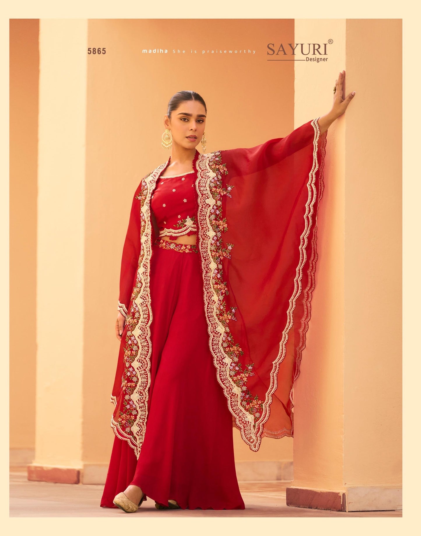 STYLIST LOOK FRONT AND BACK HEAVY EMBROIDERED SHRUG WITH BLOUSE AND PLAZZO