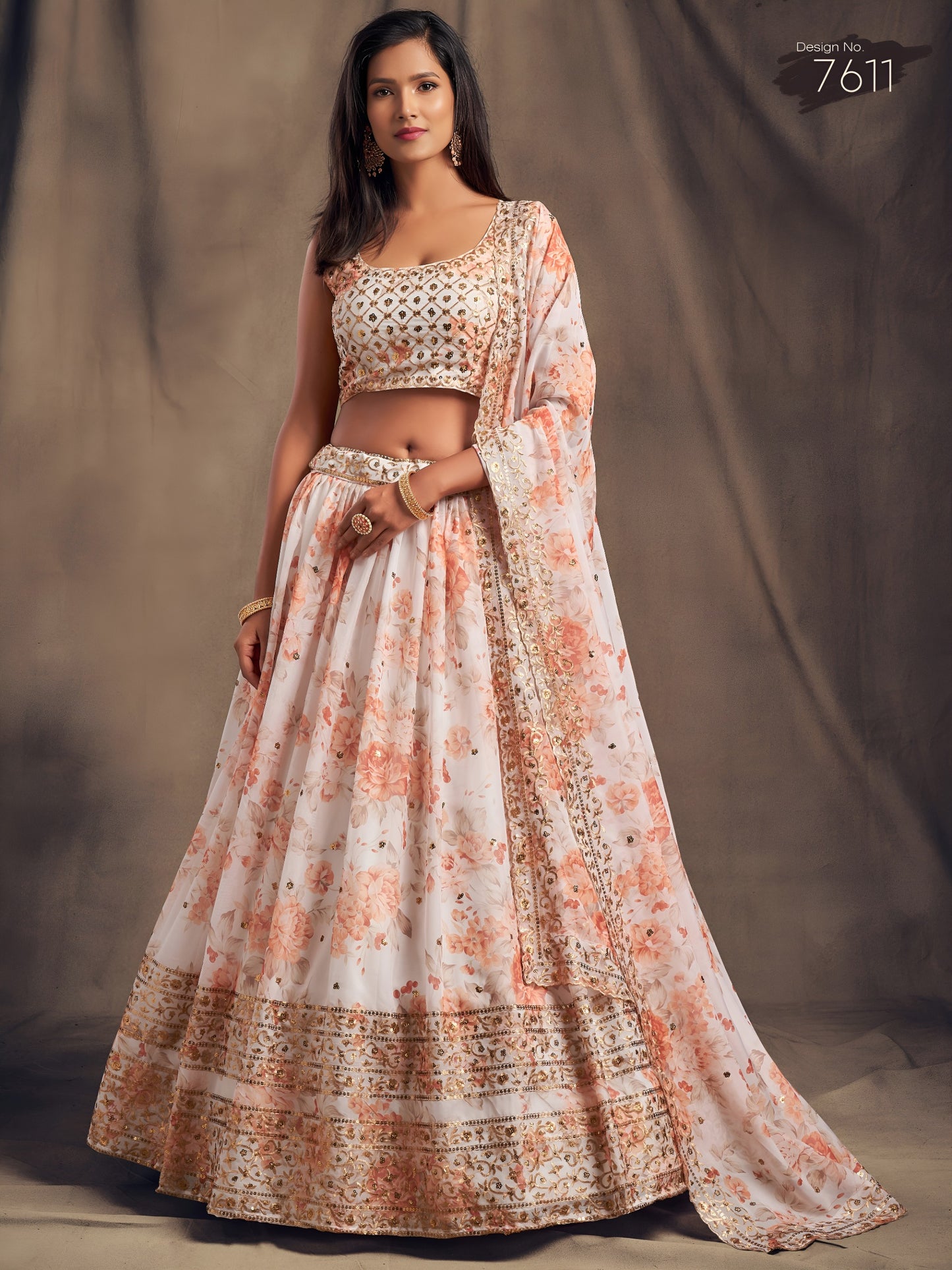 White & Peach Floral Printed Designer Lehenga Choli