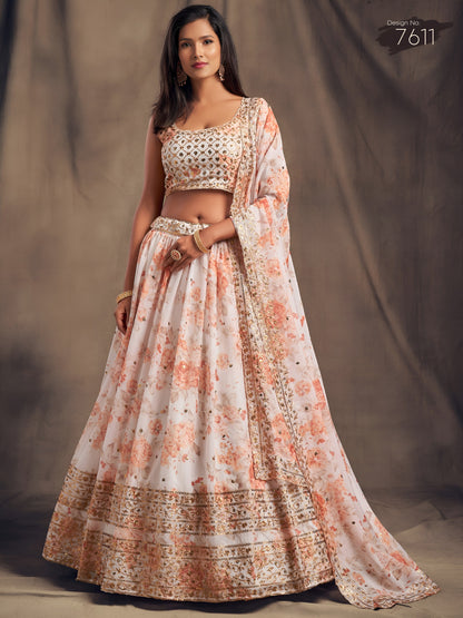 White & Peach Floral Printed Designer Lehenga Choli