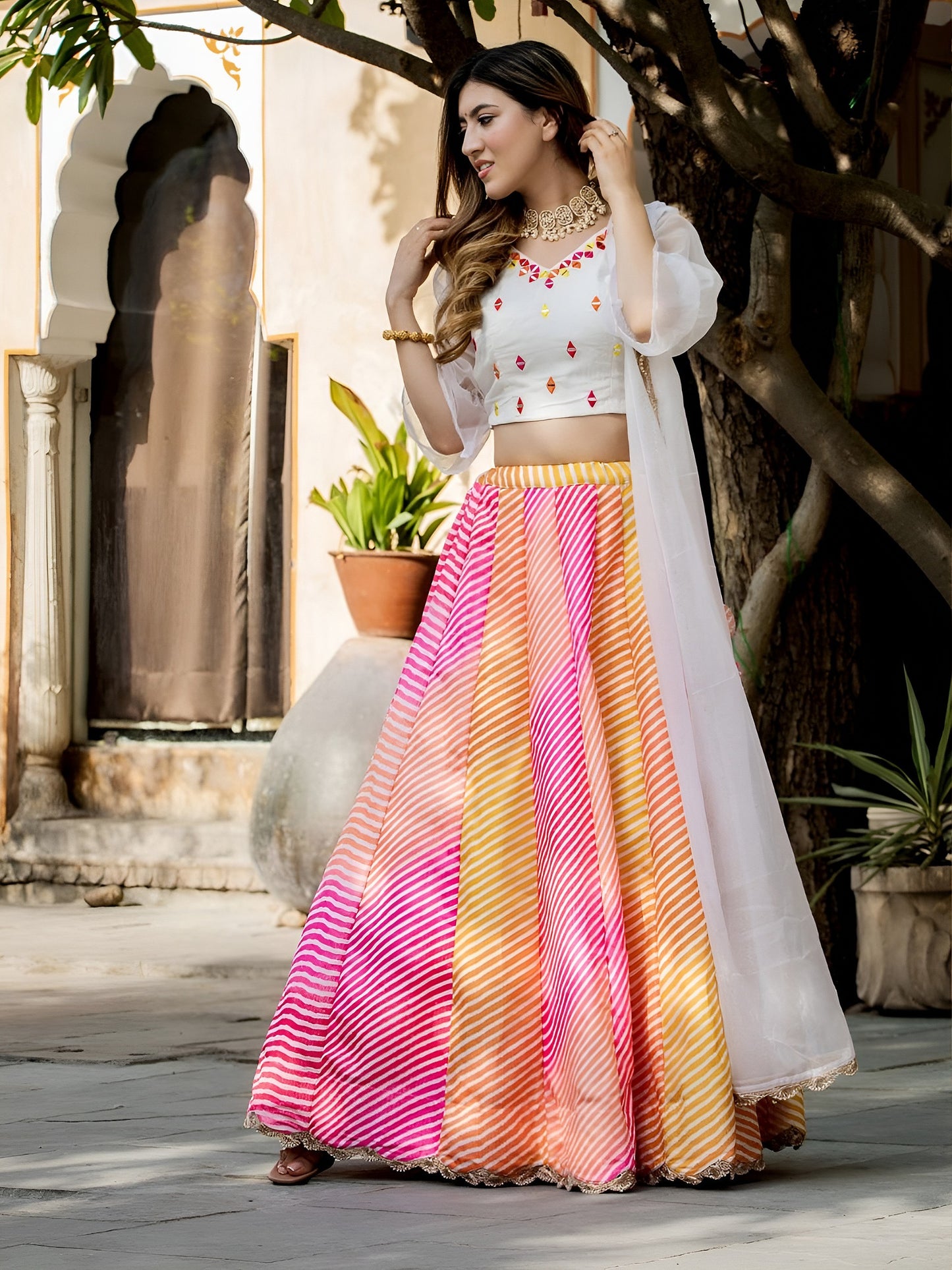 Multicolor Leheriya Printed Lehenga Choli with White Dupatta