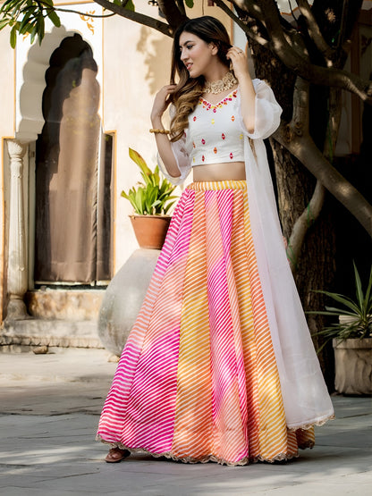 Multicolor Leheriya Printed Lehenga Choli with White Dupatta