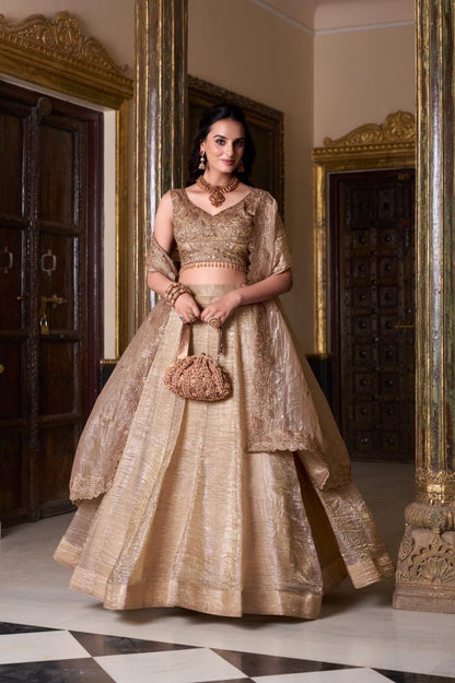 Premium Designer Lehenga - Gold Crush Embroidered with Blouse & Dupatta