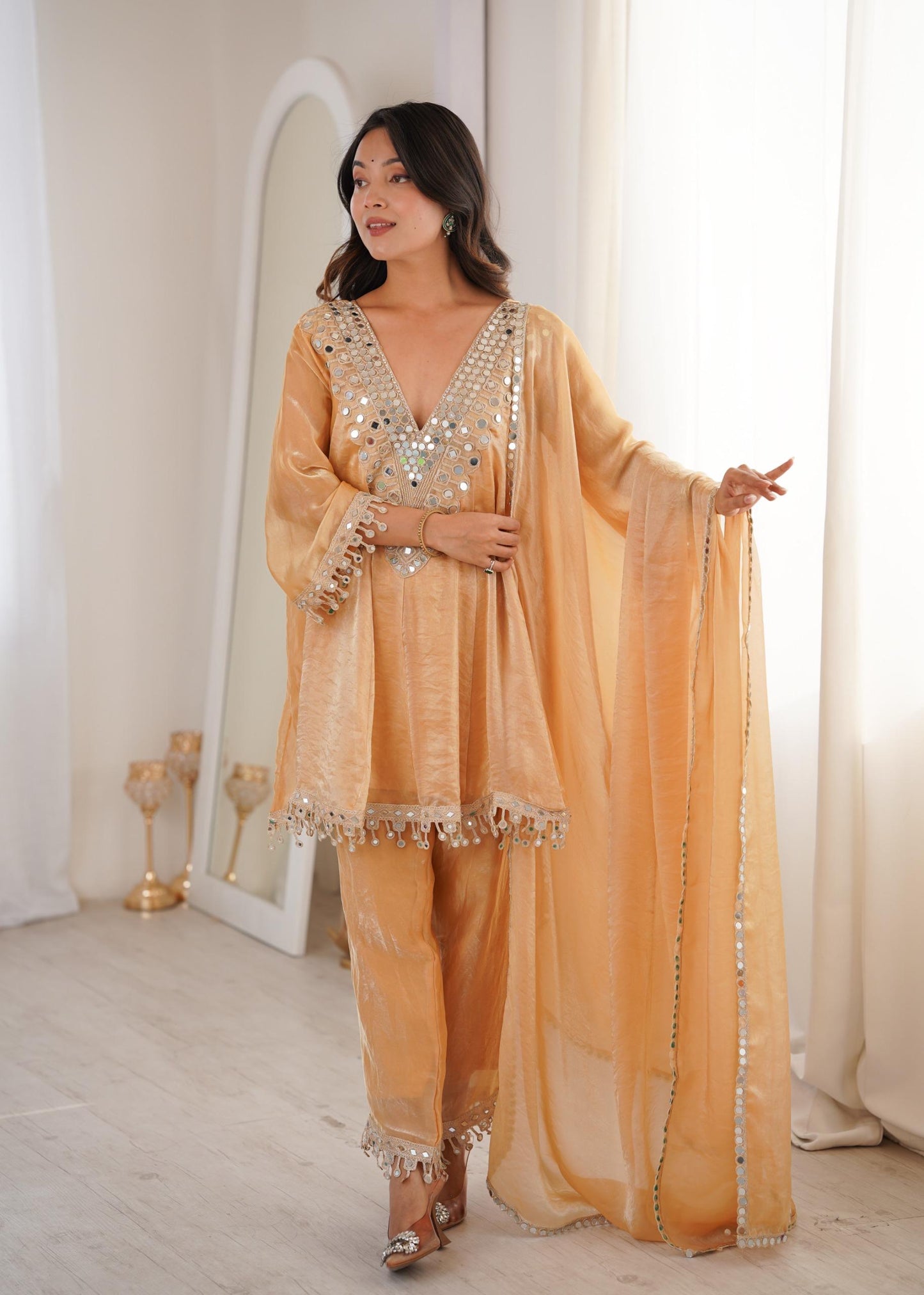Fendy Fabric Kurti with Real Mirror Embroidered Work Bottom and Dupatta