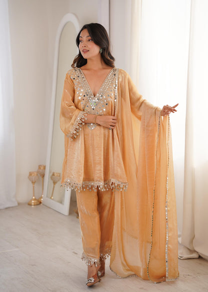 Fendy Fabric Kurti with Real Mirror Embroidered Work Bottom and Dupatta