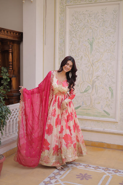 Roseate Bloom Printed Anarkali Gown