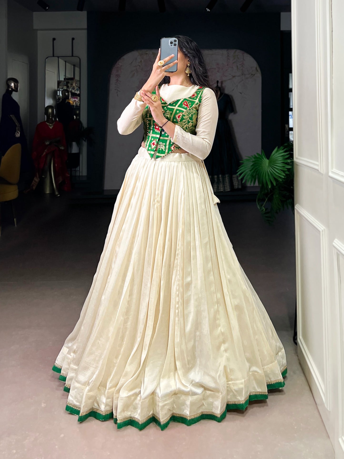 Pleated Lehenga Skirt with Green Jacquard Silk Jacket