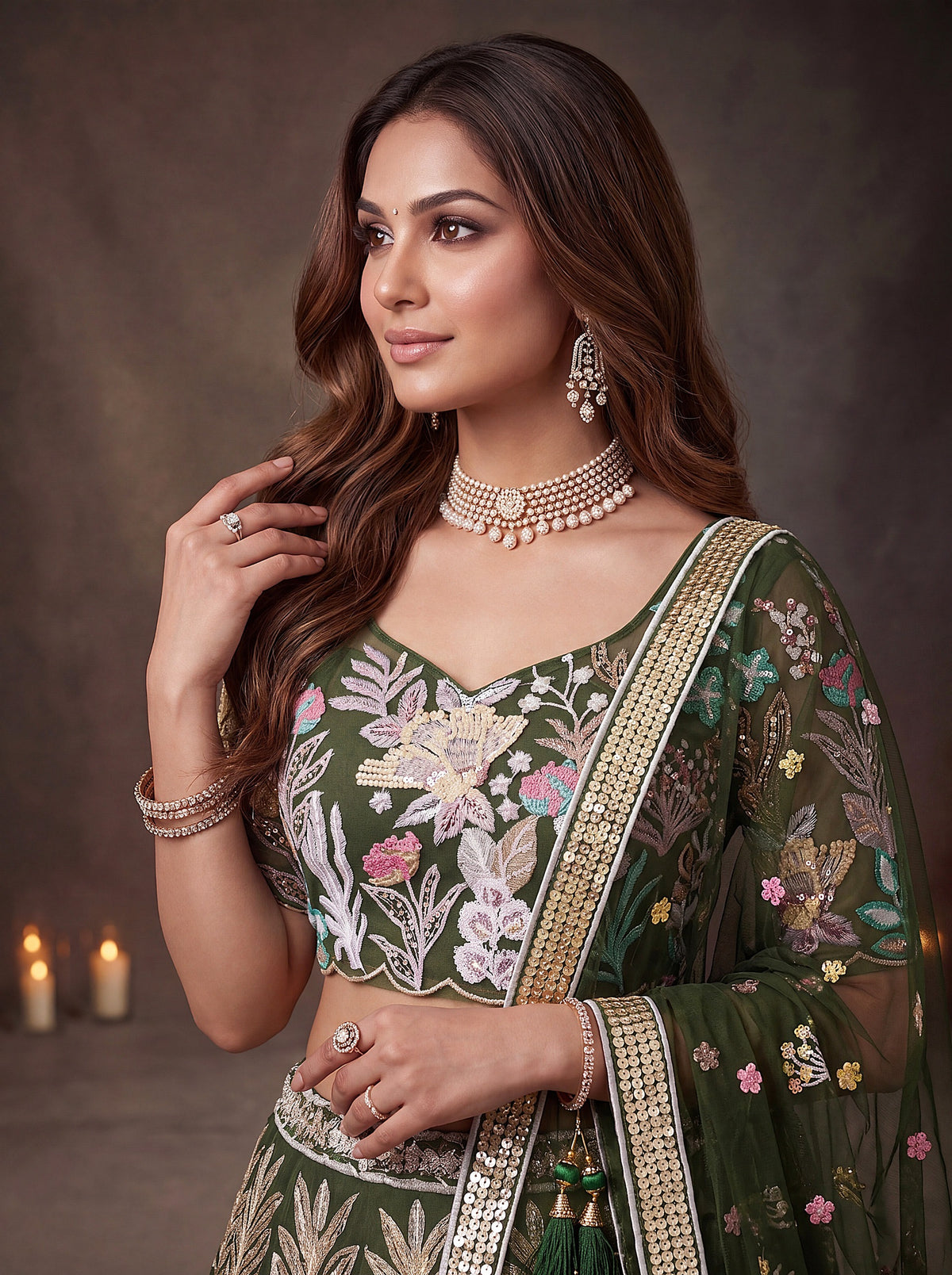 Botanical Floral Embroidered Lehenga Choli with Net Dupatta