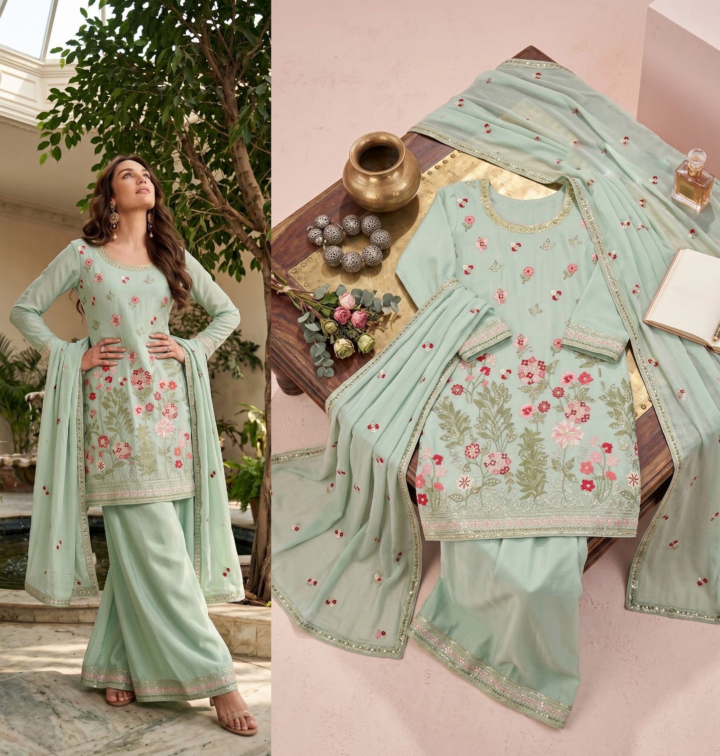 Meadow Bloom Premium Chinon Embroidered Suit Set with Dupatta