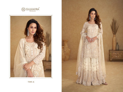 Heavy tone-on-tone embroidery with shimmering accents cream Sharara set