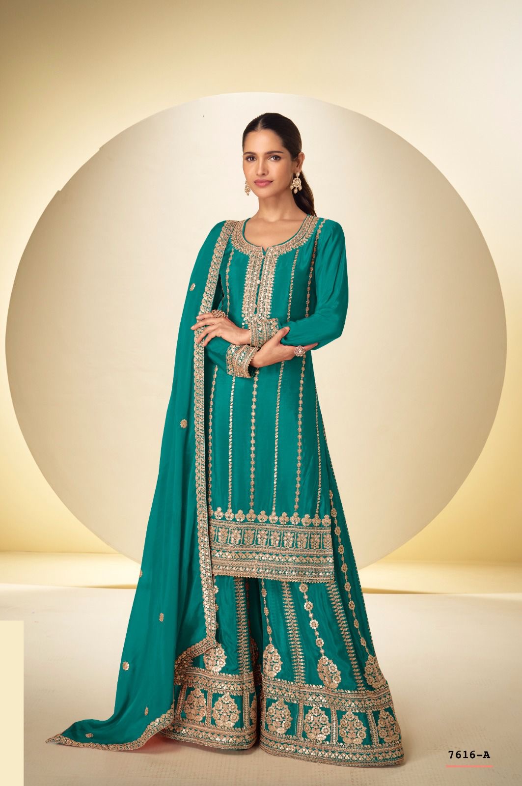 Embroidered Real Chinon Plazo Kurta Set with Dupatta