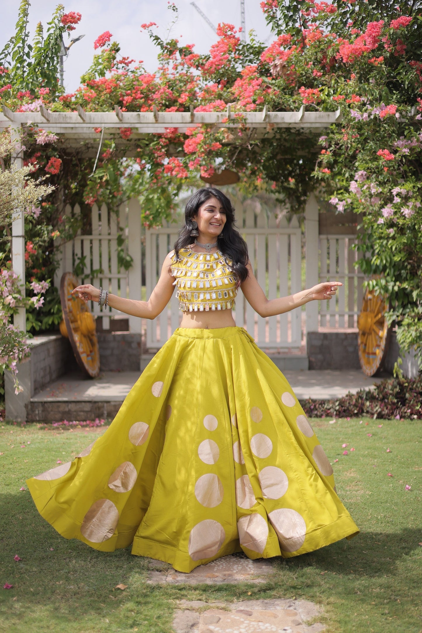 Roman Silk Polka Dot Lehenga Set with Mirror Work Choli