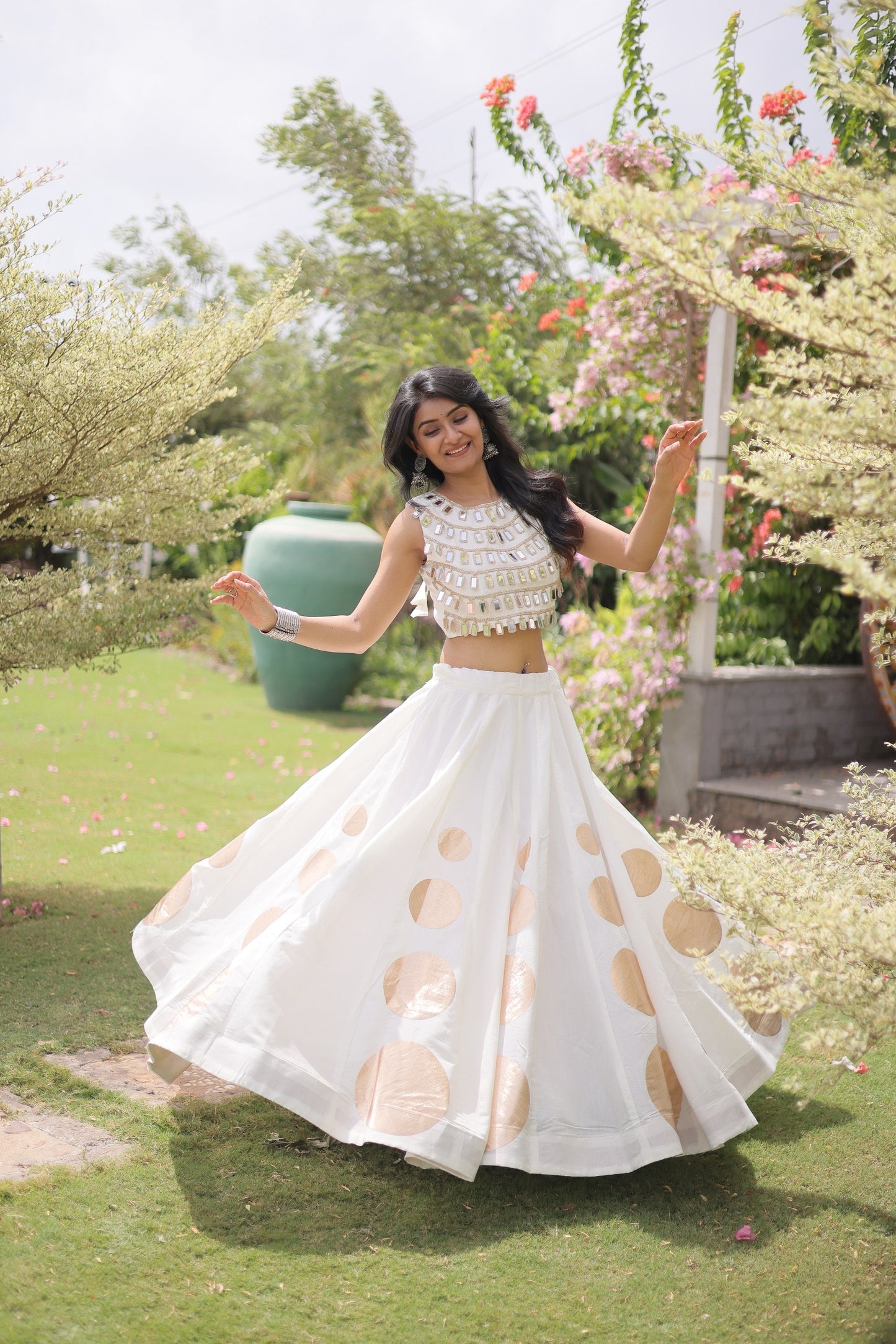 Roman Silk Polka Dot Lehenga Set with Mirror Work Choli
