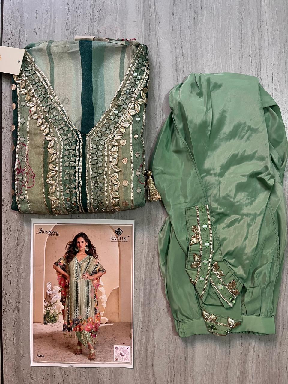 Sage Green Floral Kaftan with Dhoti-Style Bottoms